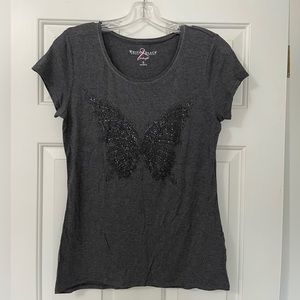 Pretty White House Black Market size small gray tee shirt w/butterfly on front.